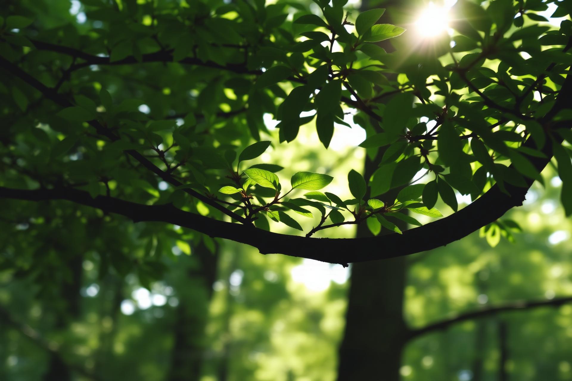Sunlight through green forest leaves